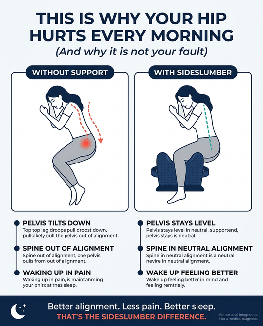 SideSlumber — This is why your hip hurts every morning: side sleeper alignment comparison showing spine out of alignment vs. neutral spine with SideSlumber pillow