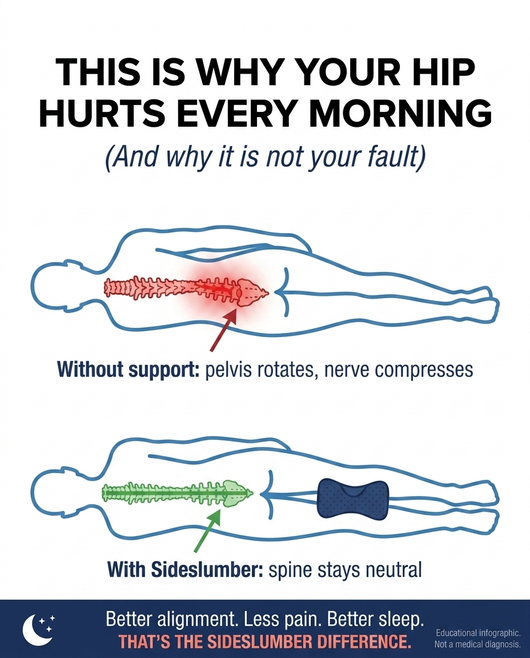 SideSlumber orthopedic knee pillow — top down view showing spinal alignment without support vs. neutral spine alignment with SideSlumber